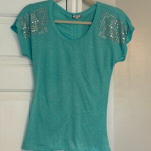 Mint Green Eyeshadow Women's Top with silver Metallic stud gems on shoulders - M